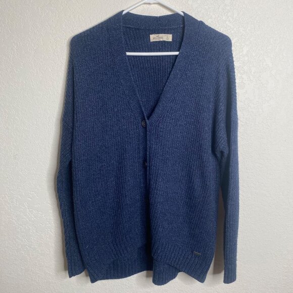 Hollister Cardigan Sweater Womens L Blue Button-Up Cotton Blend Preppy Grandmaco - Picture 1 of 10